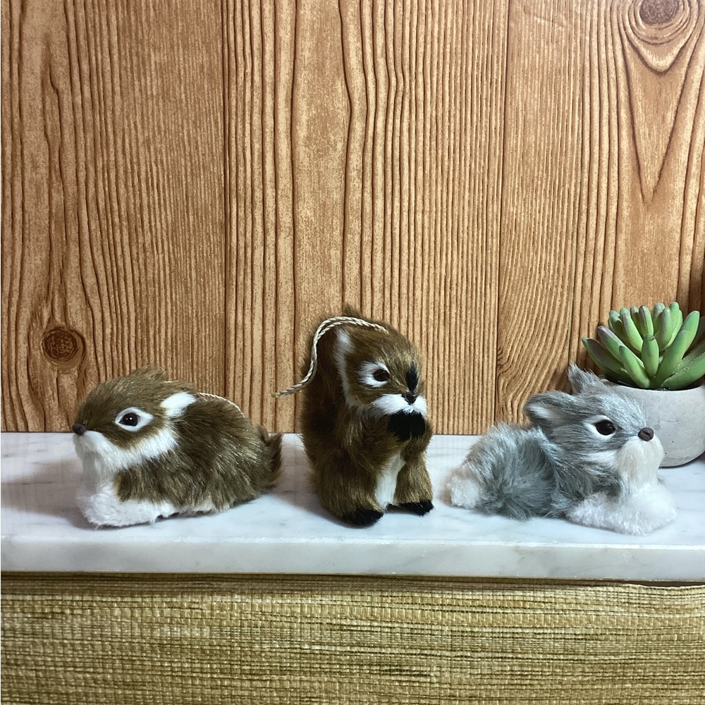 Lot of 3 Faux Fur Squirrel and rabbits ornaments 3” Velvet bottom